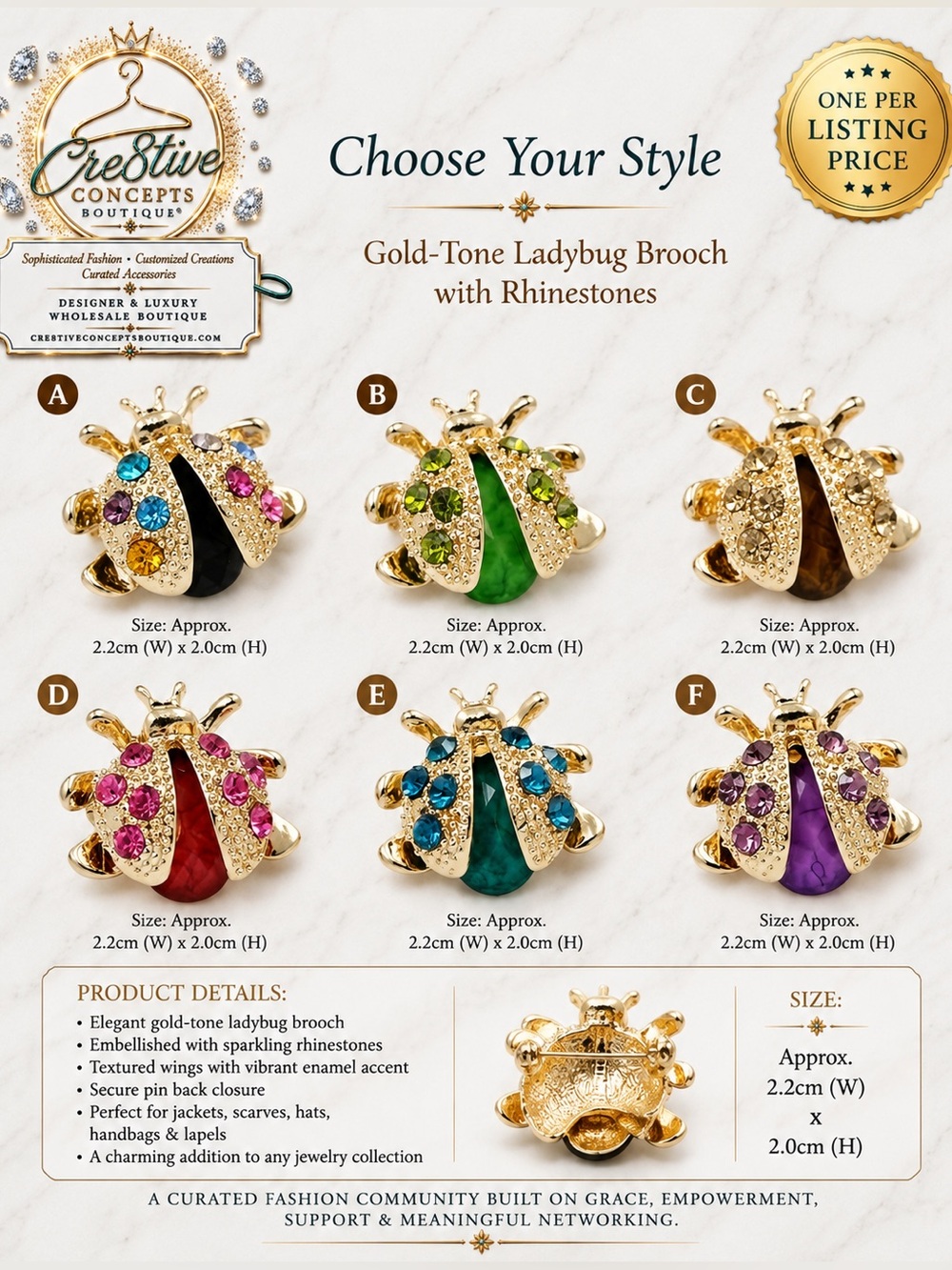 Gold-Tone Ladybug Rhinestone Brooch – Pick One - Picture 9 of 9